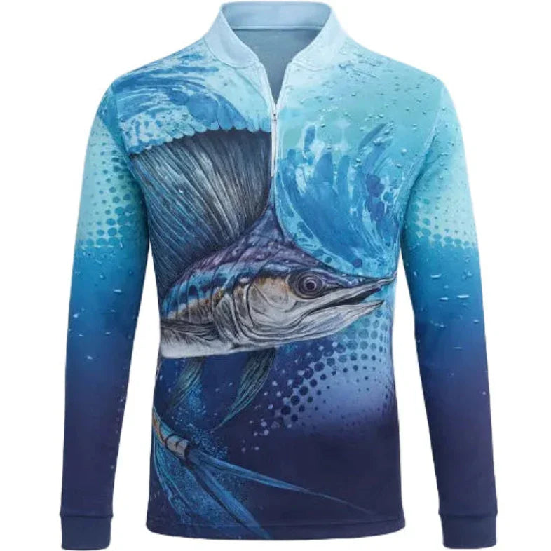 Front view of women’s Sailfish Pro Zip Front Polo with marine artwork