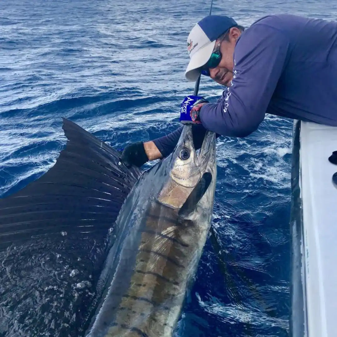 Marlin or sailfish being caught by an angler on a boat.