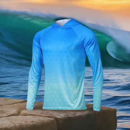 Men’s Long Sleeve Hooded Fishing Jersey: Blue/Aqua - shirt