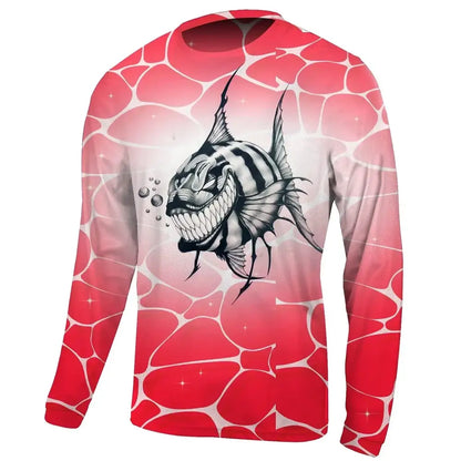 Men’s Long Sleeve Fishing Tee Round Neck | Red Piranha