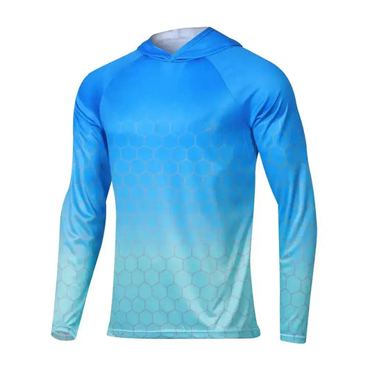 Men’s Long Sleeve Hooded Fishing Jersey: Blue/Aqua